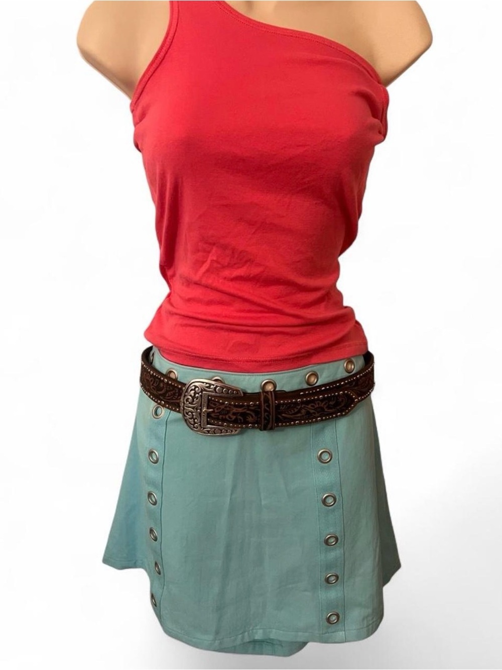 teal vintage/retro mini skirt with eyelet details